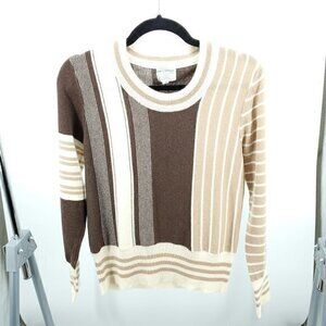 VTG 70s Alex Colman Lambswool/Angora Geo Stripe Sweater S/M Cream/Brown/Tan